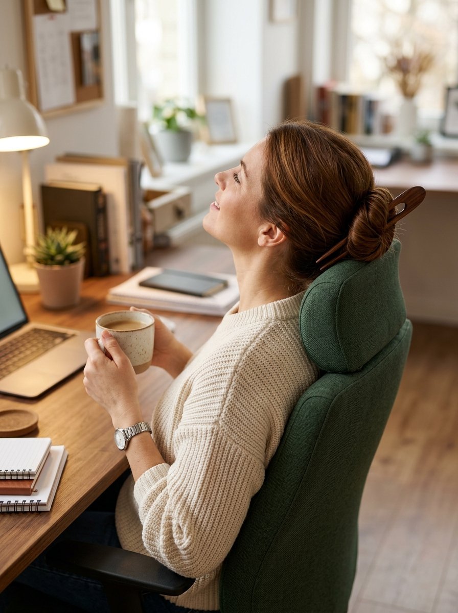 A woman wearing a cream sweater rests in a green chair at her wooden desk with a hot drink.