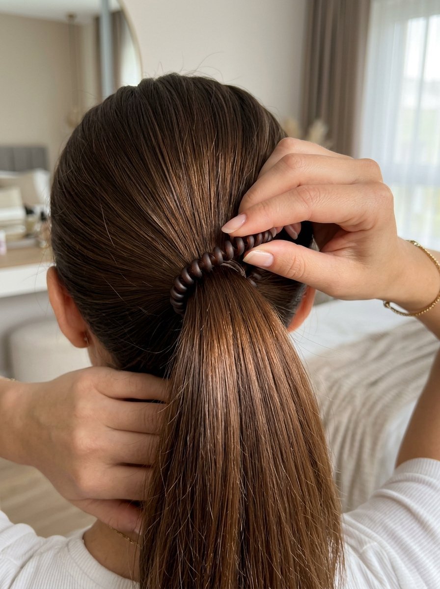 Close up of hands wrapping a dark brown spiral hair tie around a sleek brunette ponytail.
