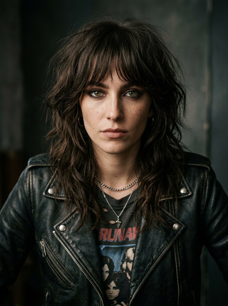 Close-up portrait of a woman with messy brown hair and green eyes wearing a leather jacket and band t-shirt.