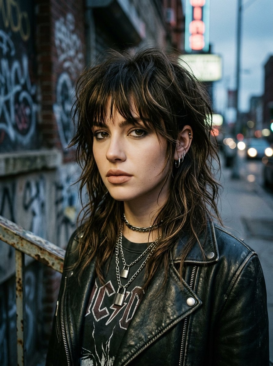 Portrait of a girl with messy layered hair and multiple hoop earrings standing against a graffiti wall.