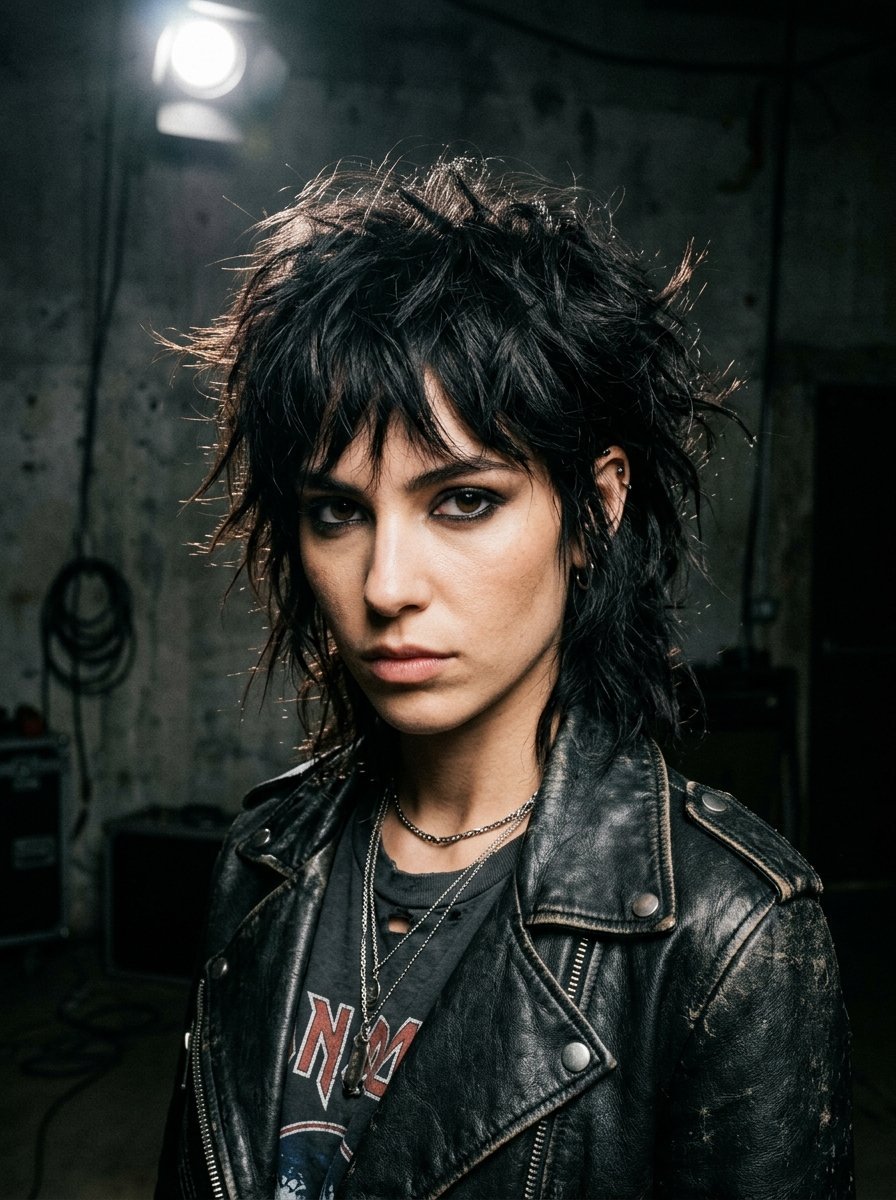 Close-up portrait of a woman with messy dark hair and eyeliner wearing a black leather jacket in a studio.