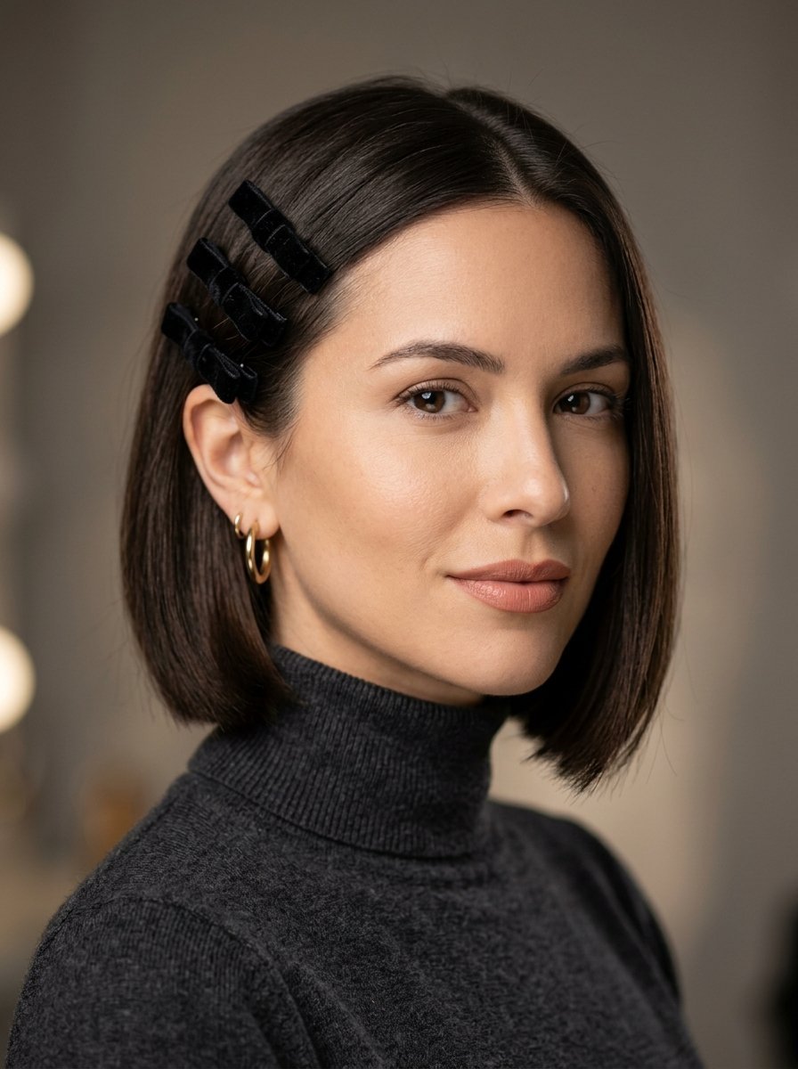 Close up of a woman with a dark bob haircut styled with three small black velvet bow hair clips.