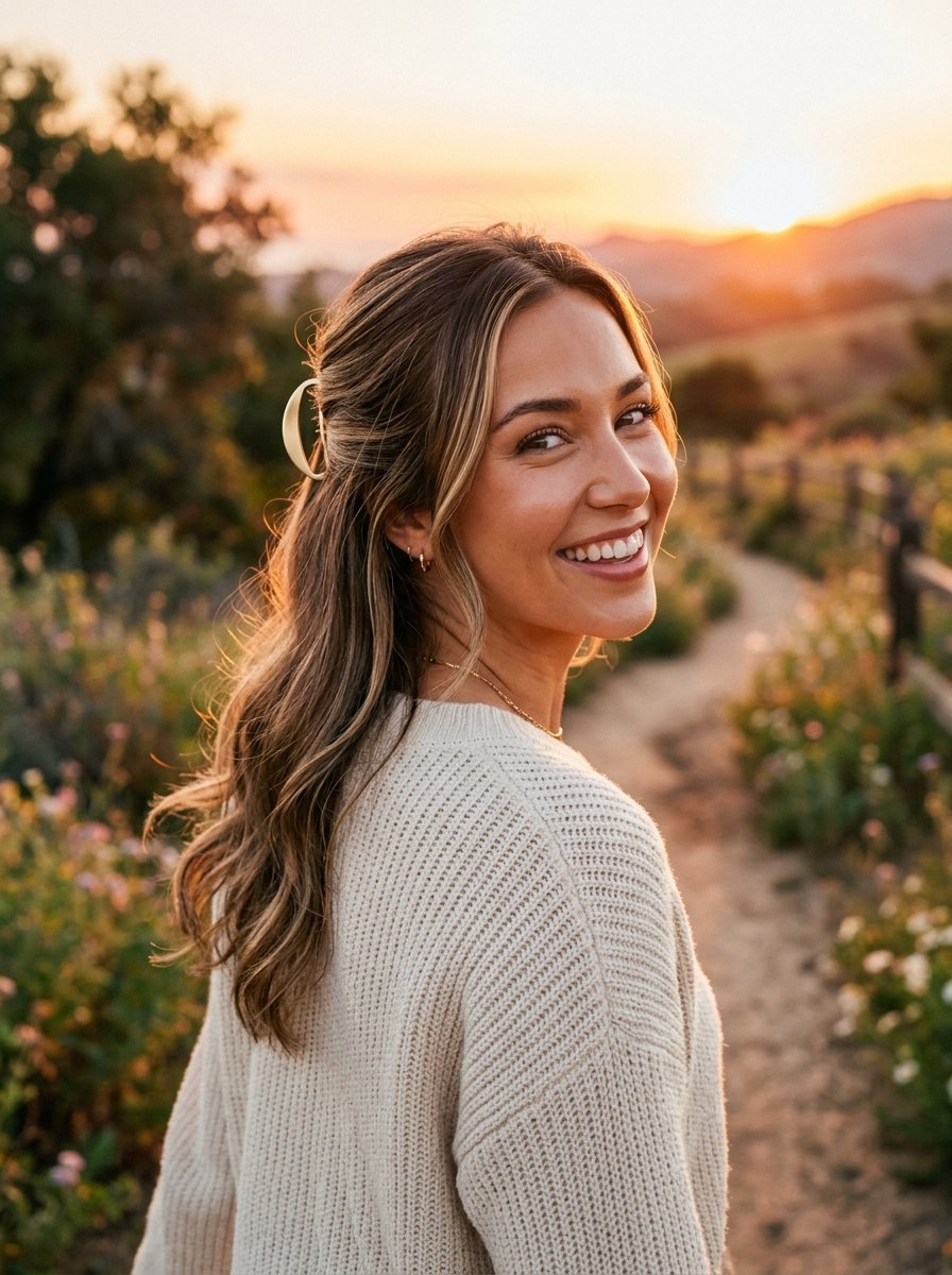 Close-up of a smiling young woman with highlighted hair and a cream sweater posing on a path during sunset.
