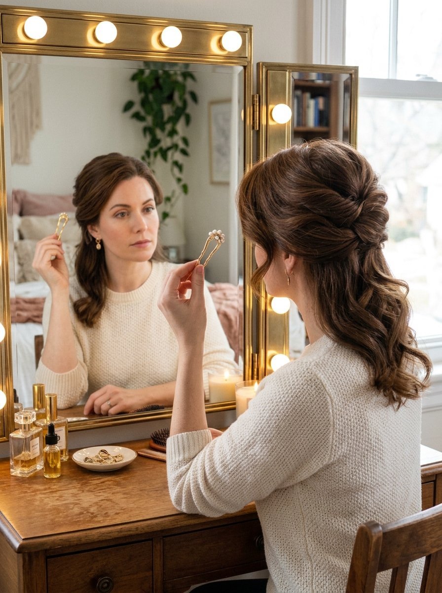 A woman wearing a cream sweater examines a gold and pearl hair pin while sitting at a lighted wooden vanity mirror.