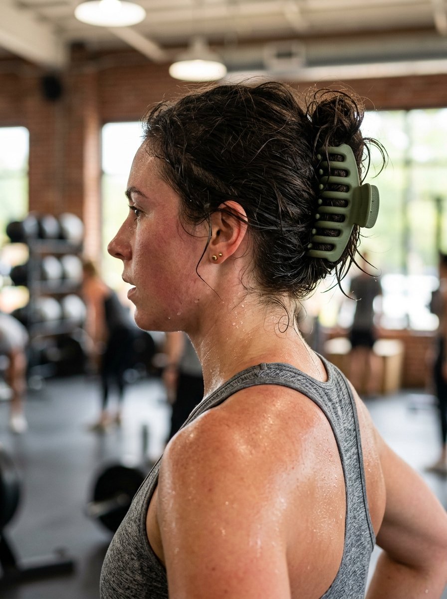Side profile of a sweaty woman wearing a grey tank top and a matte green hair claw during a workout.