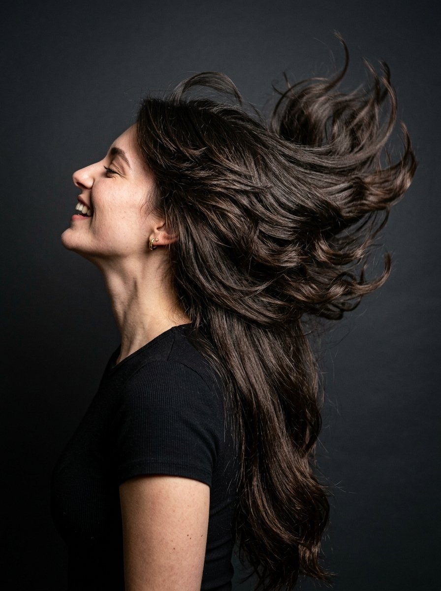 Portrait of a smiling woman in profile with long brown hair being tossed against a dark studio backdrop.