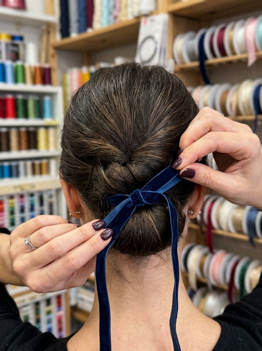 Close-up back view of a woman tying a long blue velvet bow around her dark hair bun in a craft store.