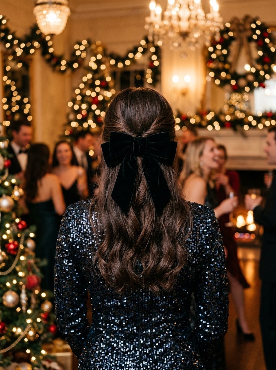 Back view of a woman with long wavy hair styled with a large black velvet bow at a festive evening event.
