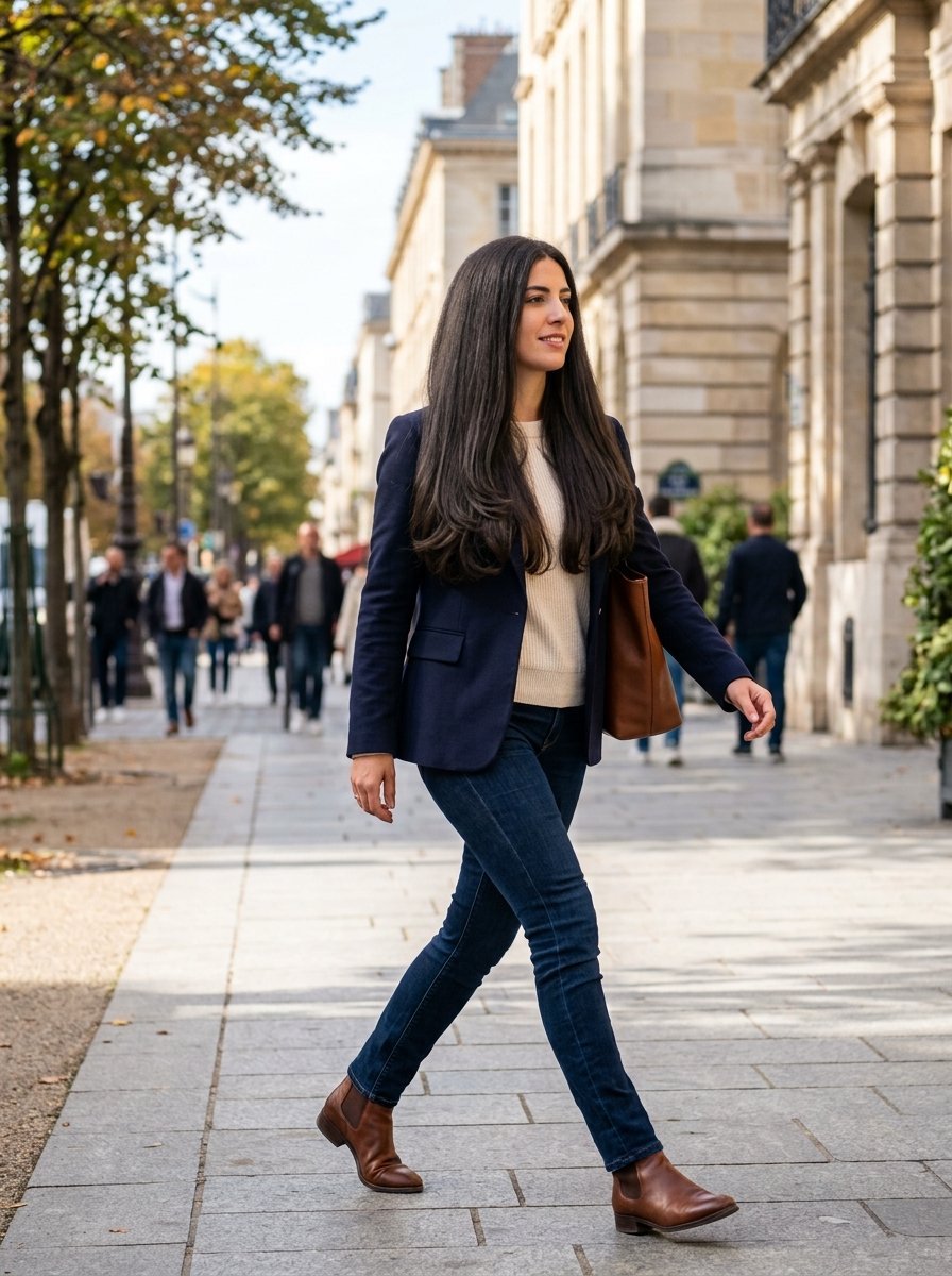A brunette woman in a blazer and jeans strides down a stone path in Paris with other pedestrians in the background.