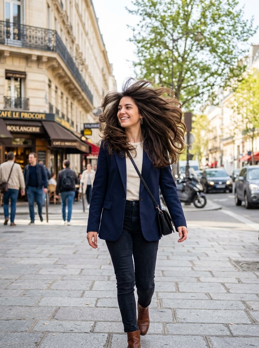 Young woman in a navy blazer and dark jeans smiling while walking on a cobblestone road in Paris.