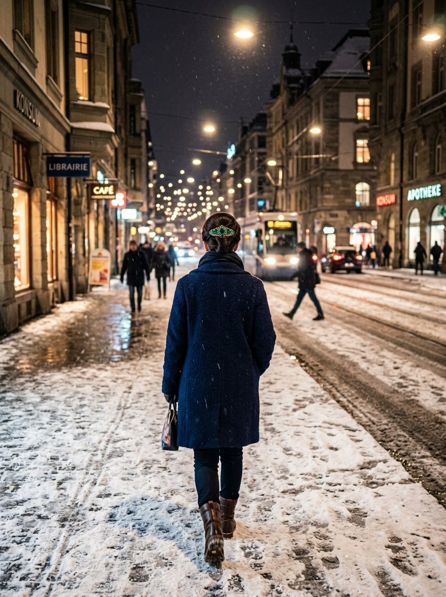 Person with green hair accessory walking away on a slushy city road at night with glowing tram lights in background.