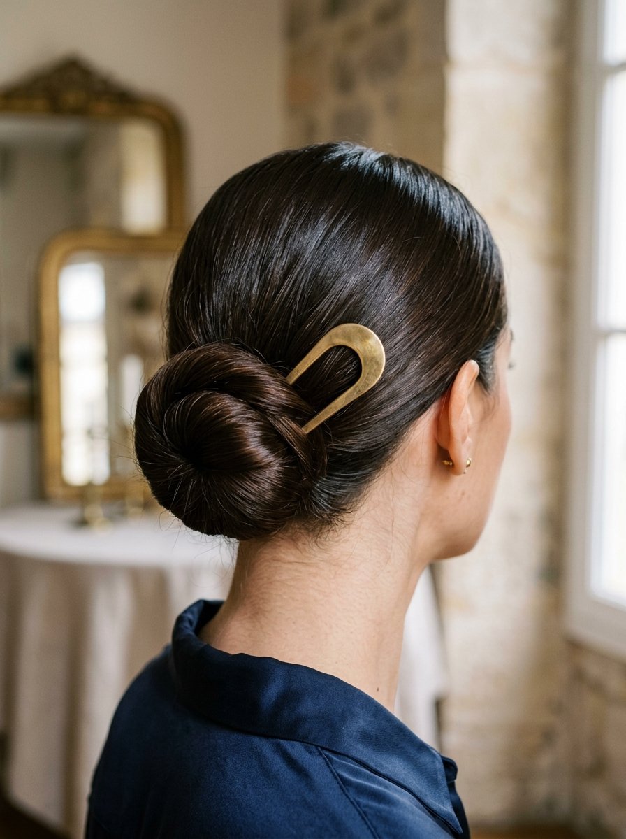 Close-up back view of dark hair styled in a smooth bun held by a U-shaped metallic hair accessory.