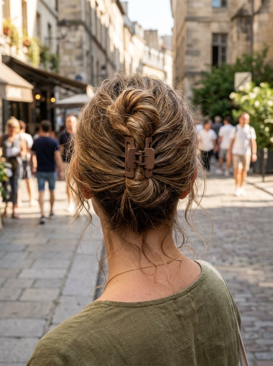 Close up rear view of a woman with messy blonde hair held up in an elegant claw clip on a city street.