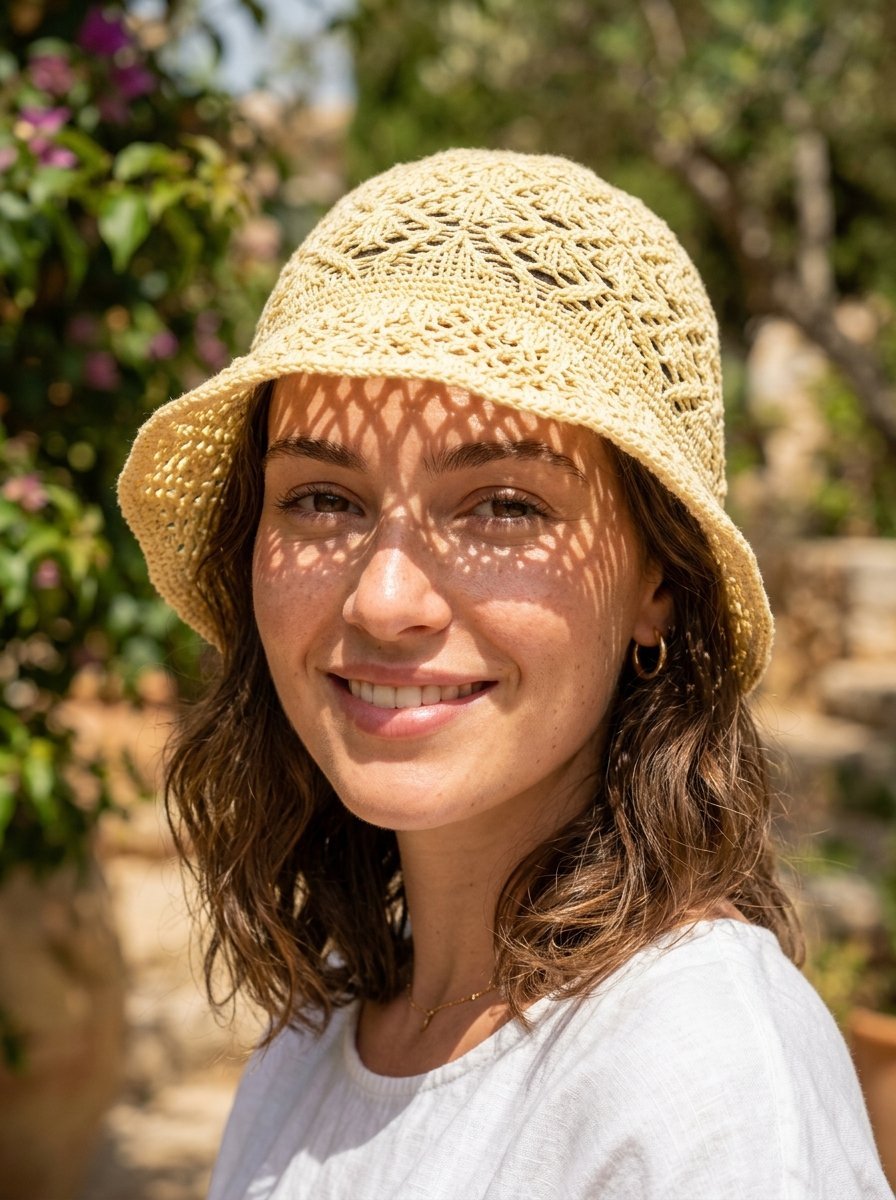 Close-up portrait of a woman with brunette hair wearing a light yellow woven bucket hat in a garden setting.