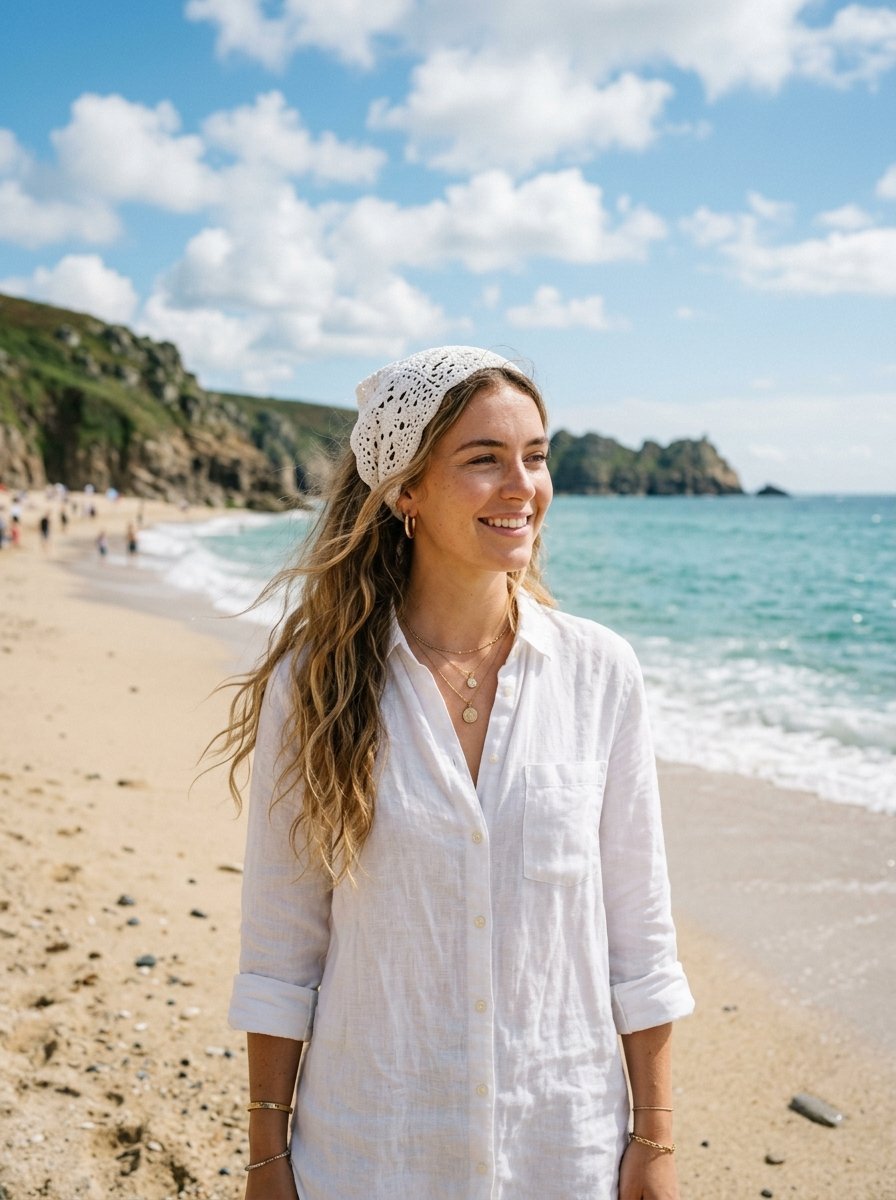 A smiling woman with long blonde hair wearing a white crochet headscarf and a linen shirt standing on a sandy beach.