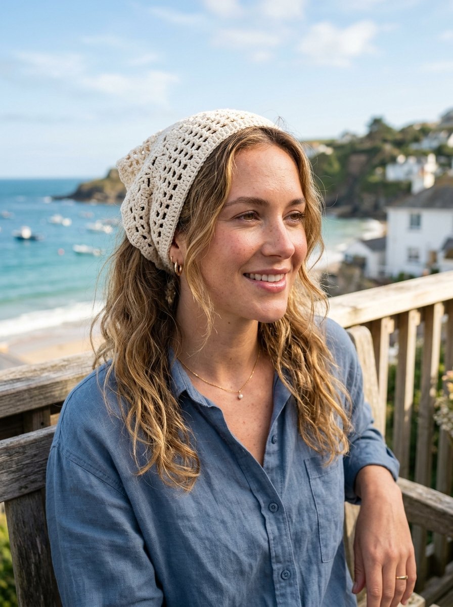 Smiling woman in a blue linen shirt and cream lacy headscarf sitting on a wooden balcony overlooking the ocean.