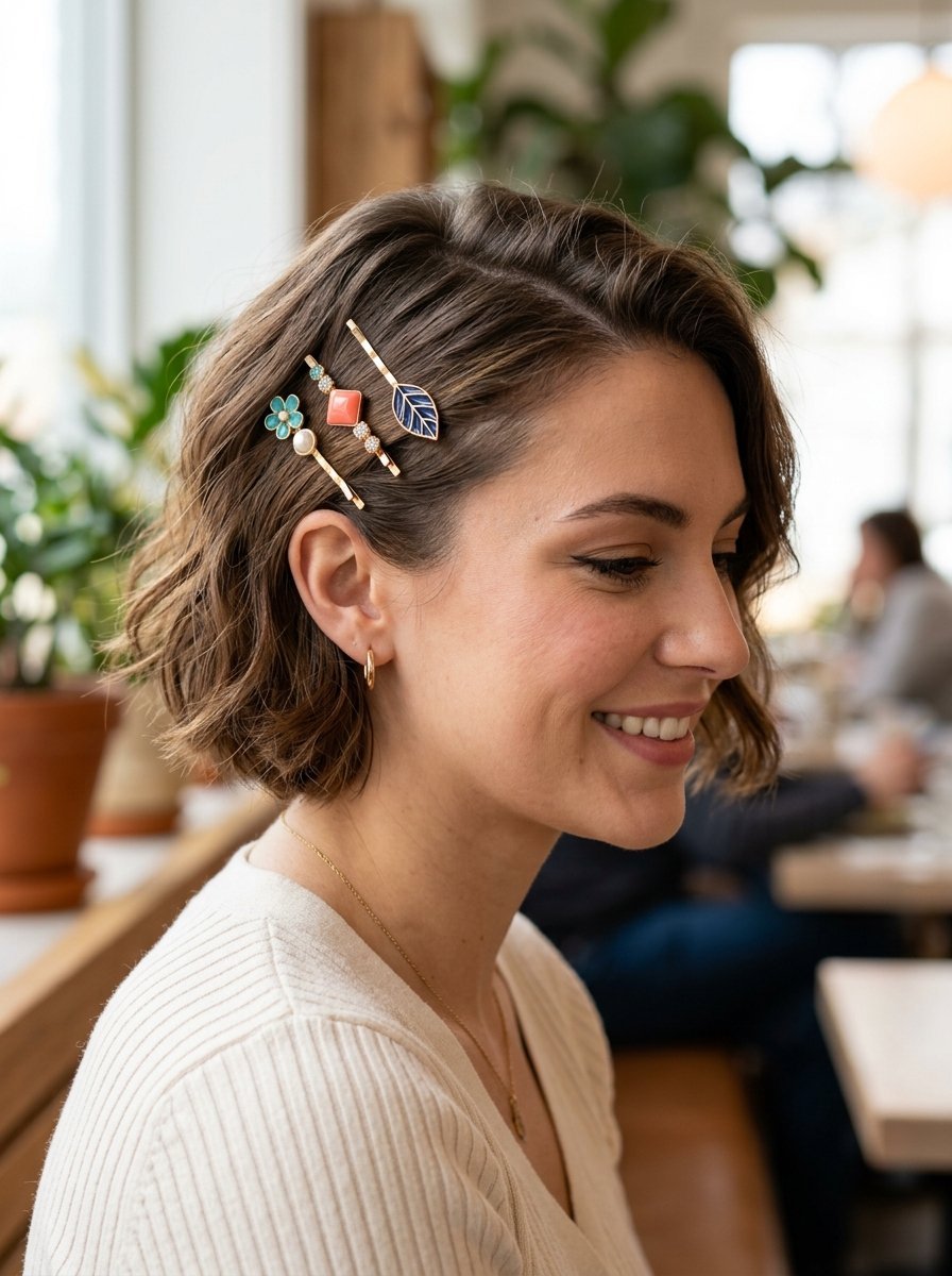 Side profile of a woman with a bob haircut adorned with a flower, square stone, and leaf shaped hair accessory.