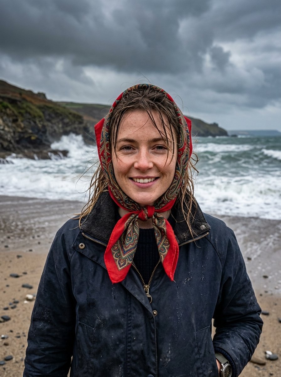 A smiling woman with wet hair wearing a red paisley headscarf and navy jacket stands before a turbulent sea.