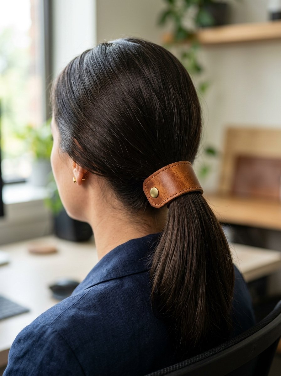 Close up rear view of a woman's dark hair secured with a rustic brown leather cuff with a brass snap button.