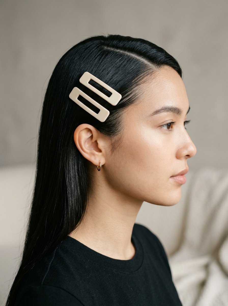 Close-up side profile of a woman with long dark hair styled with two stacked matte cream-colored geometric hair pins.