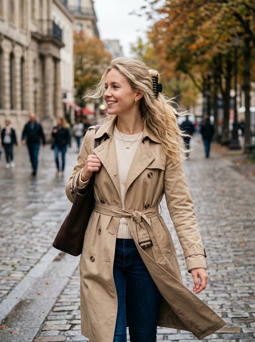 Blonde woman in a beige trench coat and dark jeans walks on a city sidewalk with autumn trees.