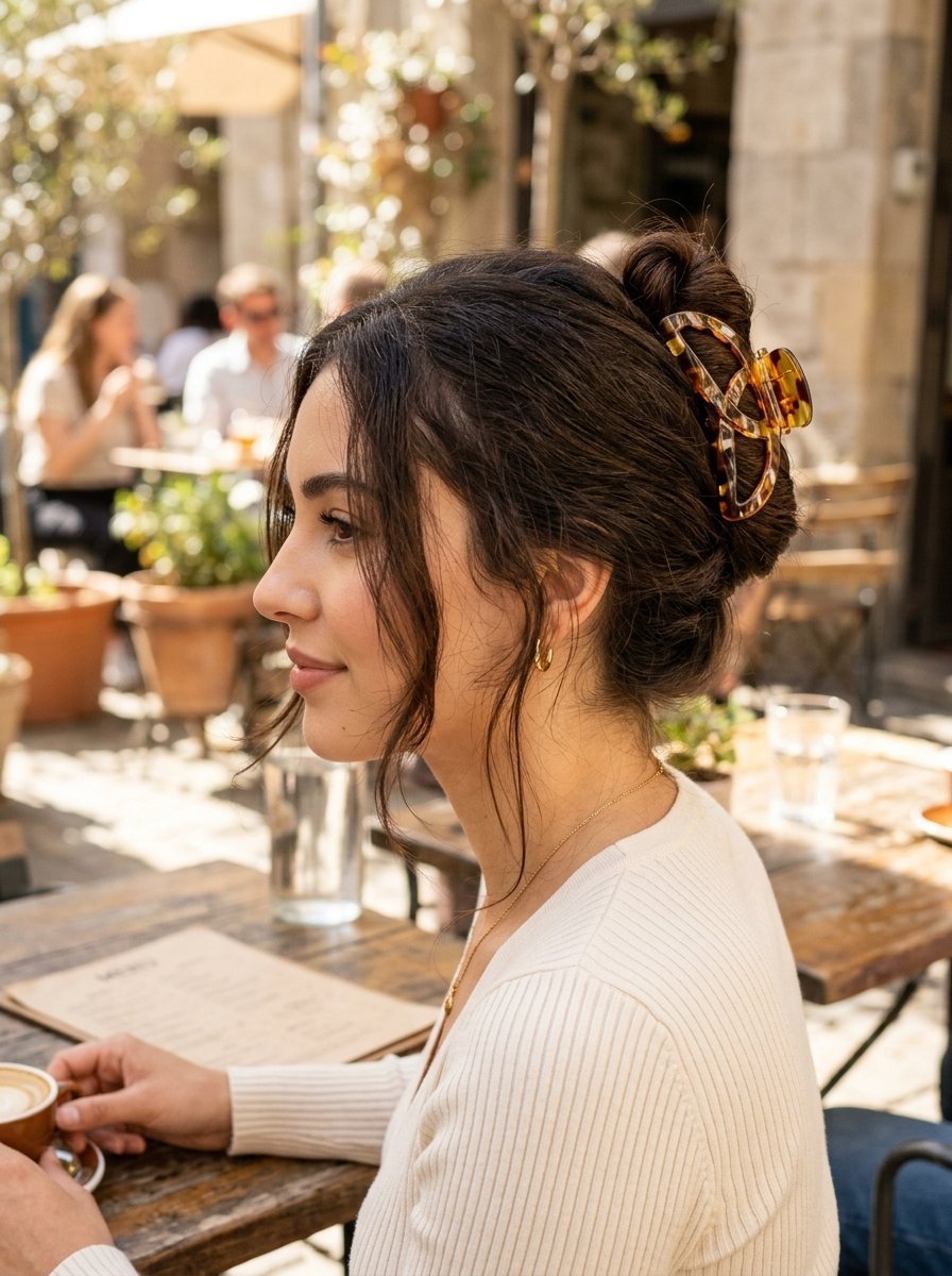 Side profile of a woman at an outdoor cafe with her hair pulled back by a patterned plastic claw clip.