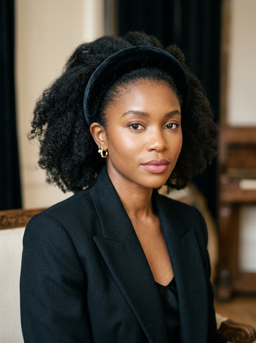 Close up of a Black woman wearing a dark velvet headband and professional blazer looking at the camera.