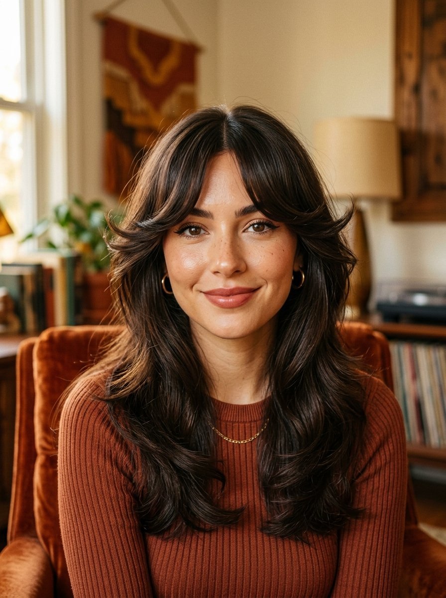 Portrait of a friendly brunette woman wearing a ribbed rust-colored top and gold hoop earrings.