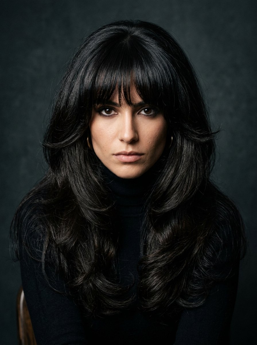 Close up headshot of a woman featuring a voluminous dark shag haircut with textured bangs against a moody backdrop.