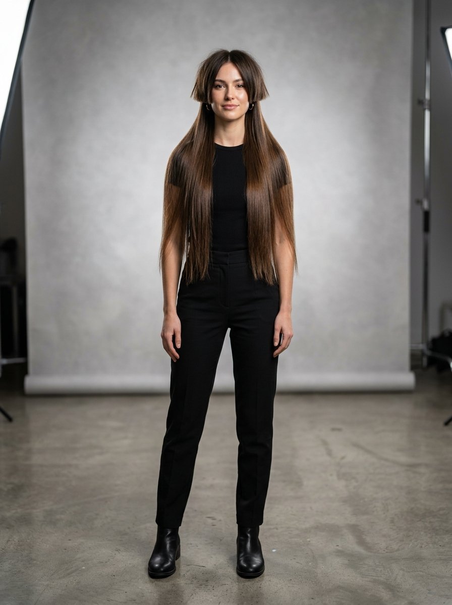 Full body shot of a woman with a layered haircut wearing a black shirt and trousers in a photo studio.