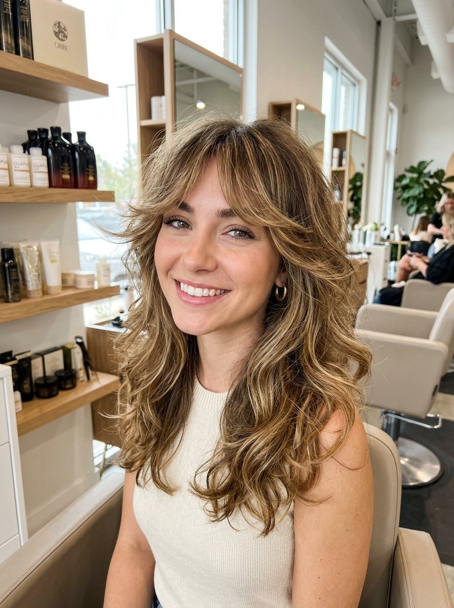 A smiling young woman sits in a salon chair displaying her long, wavy hair with face-framing layers and wispy bangs.