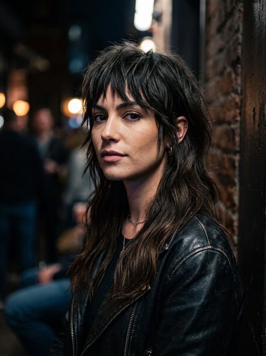 Portrait of a brunette woman with a modern shag haircut posing against a dark brick wall at night.
