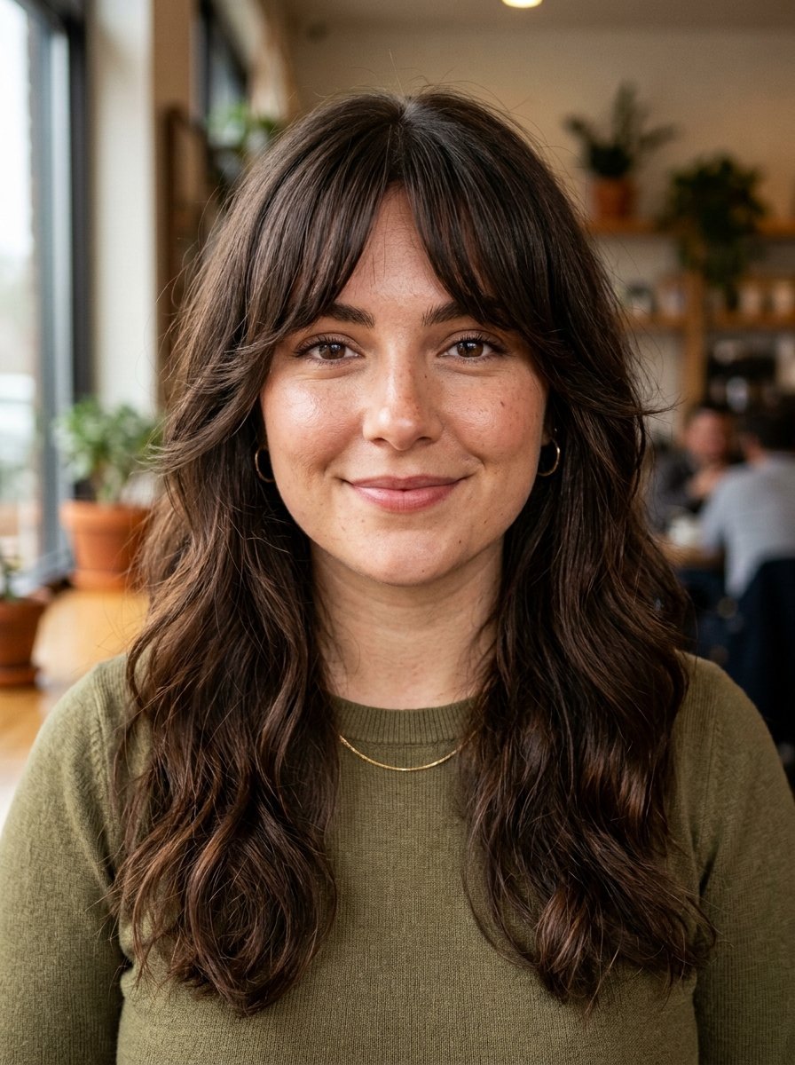 Portrait of a woman with long dark wavy hair and bangs wearing an olive green sweater in a cafe setting.