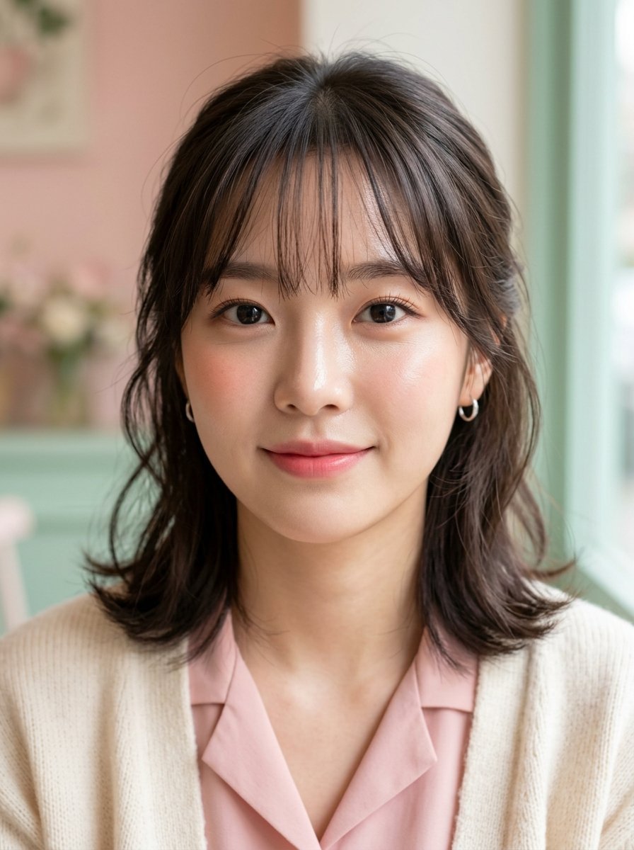 Portrait of a smiling young woman with shoulder-length dark hair and thin bangs wearing a soft pink blouse.