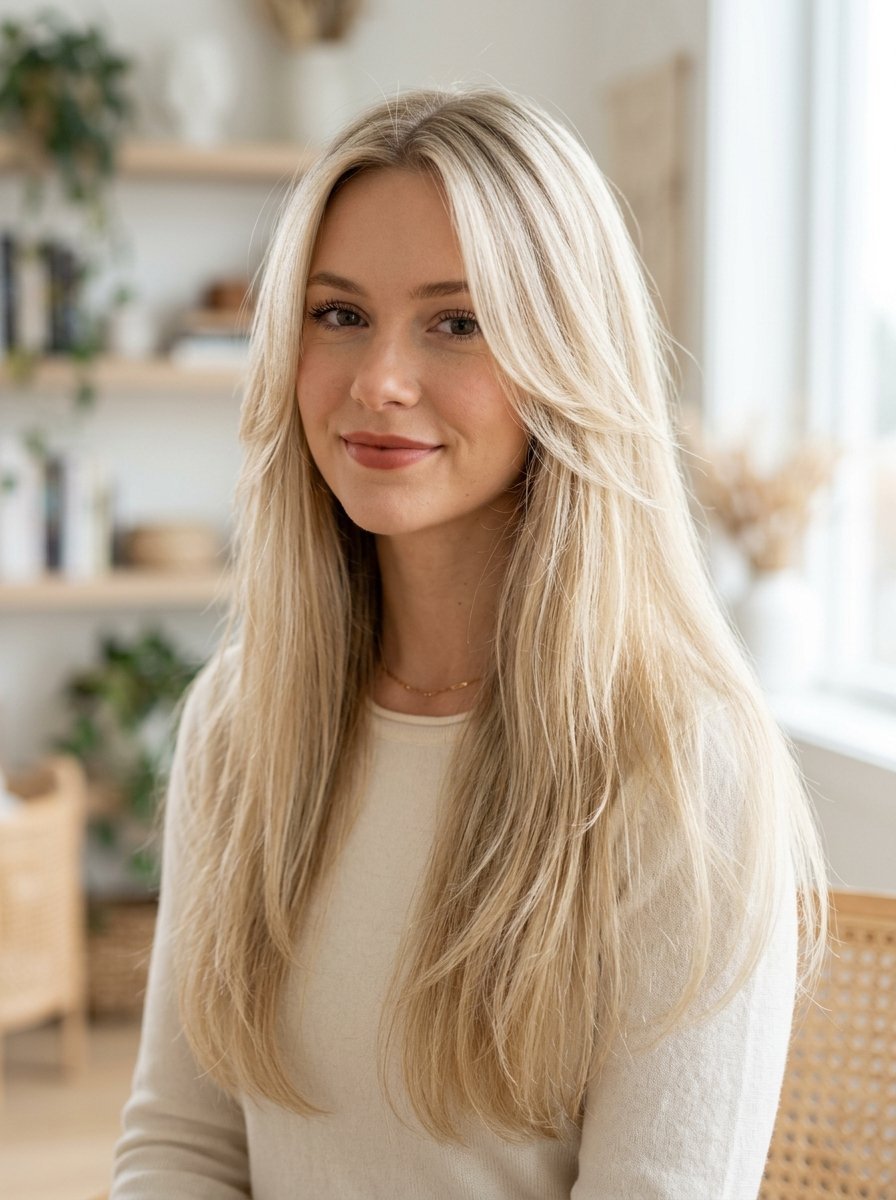 Close up portrait of a blonde woman with long straight hair and face-framing layers in a bright home interior.