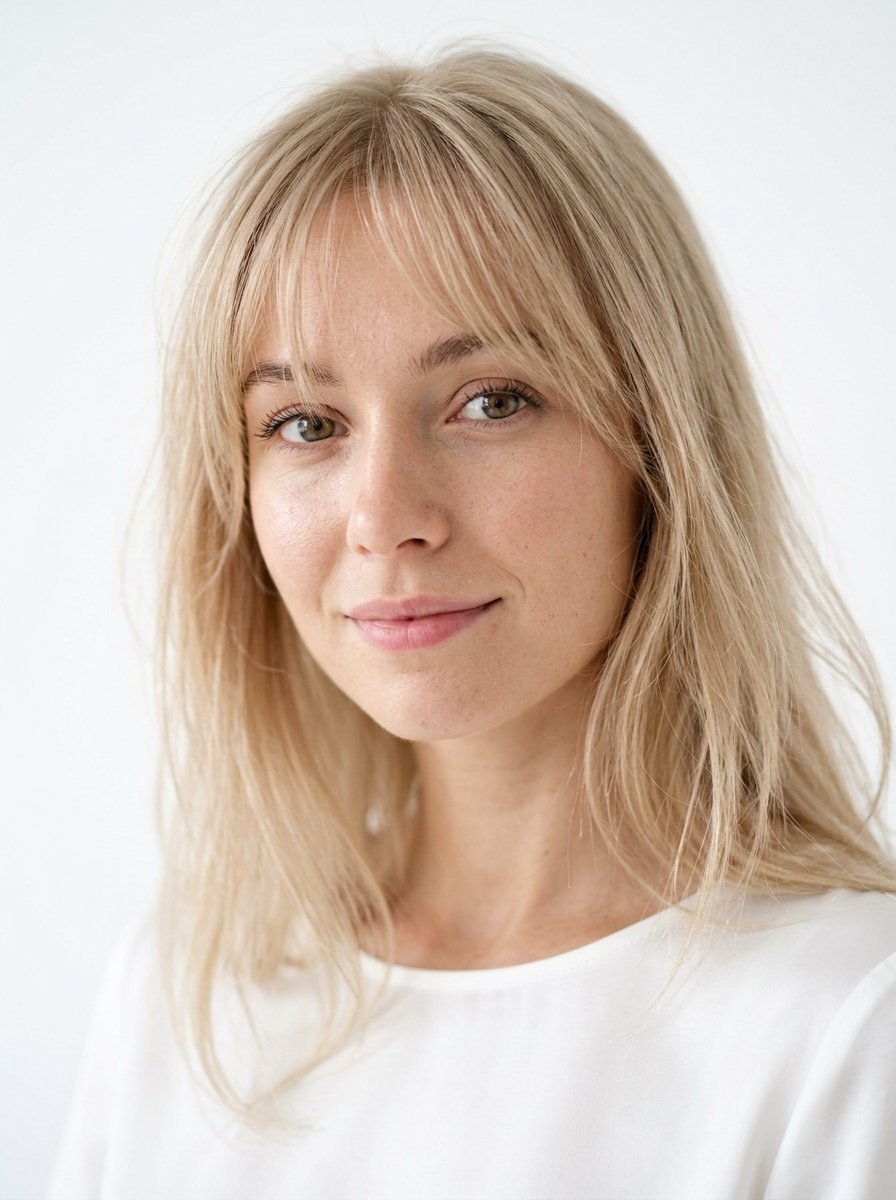 A friendly woman with shoulder-length blonde hair and wispy bangs looking directly at the camera.