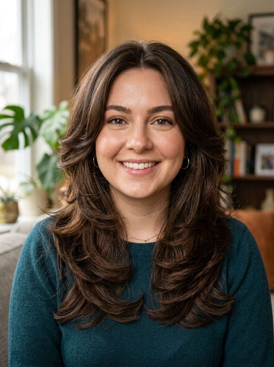 Portrait of a friendly woman with shoulder-length brown hair and a teal sweater sitting in a sunlit room.