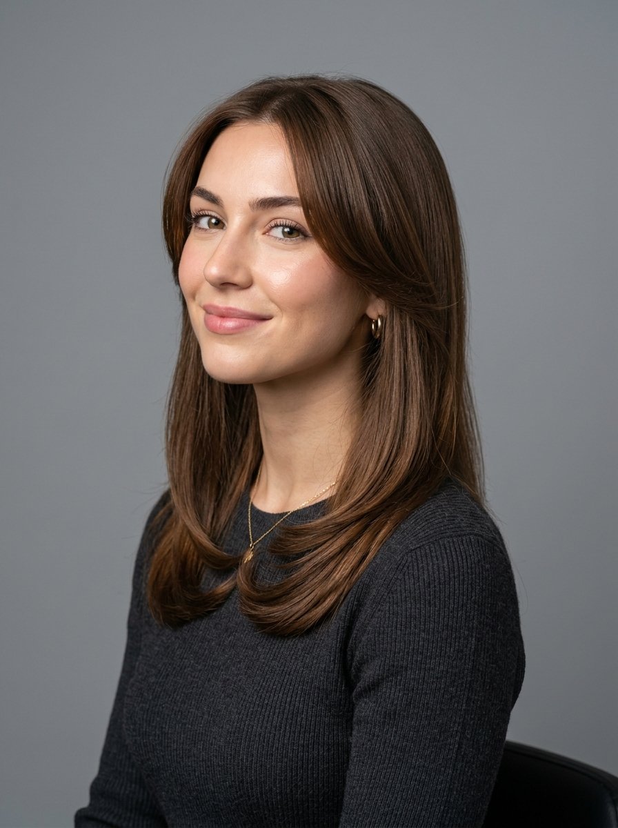 Portrait of a woman with long brown hair wearing a dark sweater and gold hoop earrings posing against a grey backdrop.