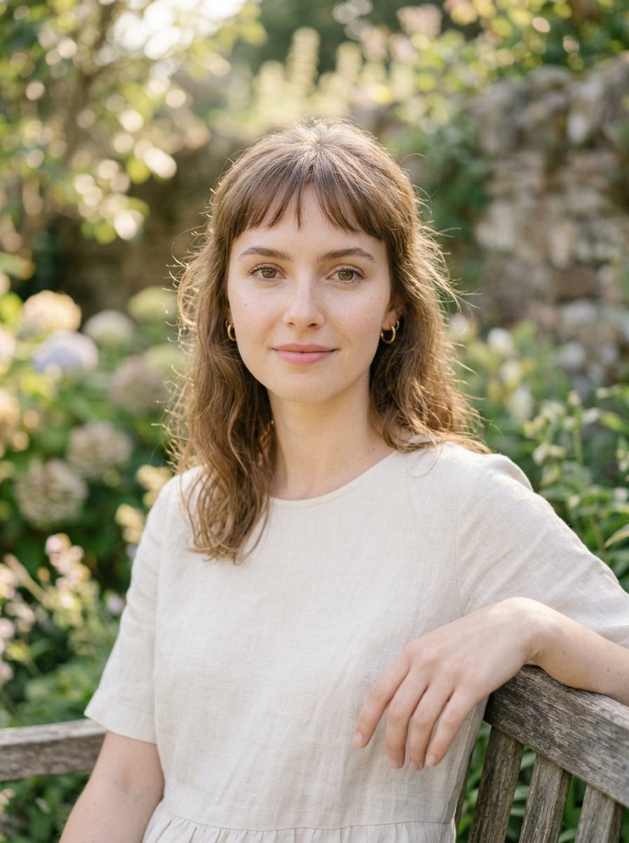 Portrait of a woman with bangs and a linen dress sitting on a wooden bench outdoors.