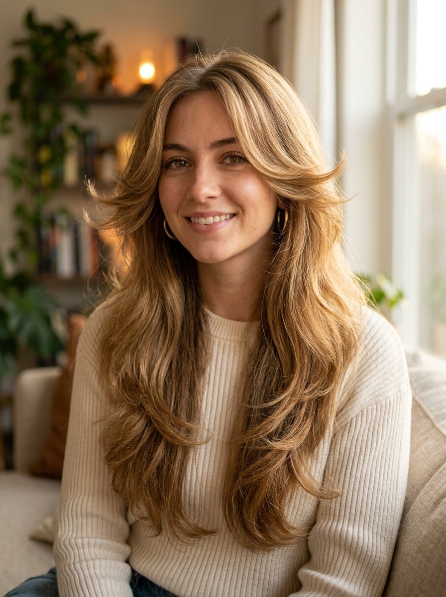Portrait of a woman wearing a cream ribbed sweater with soft waves and curtain bangs.