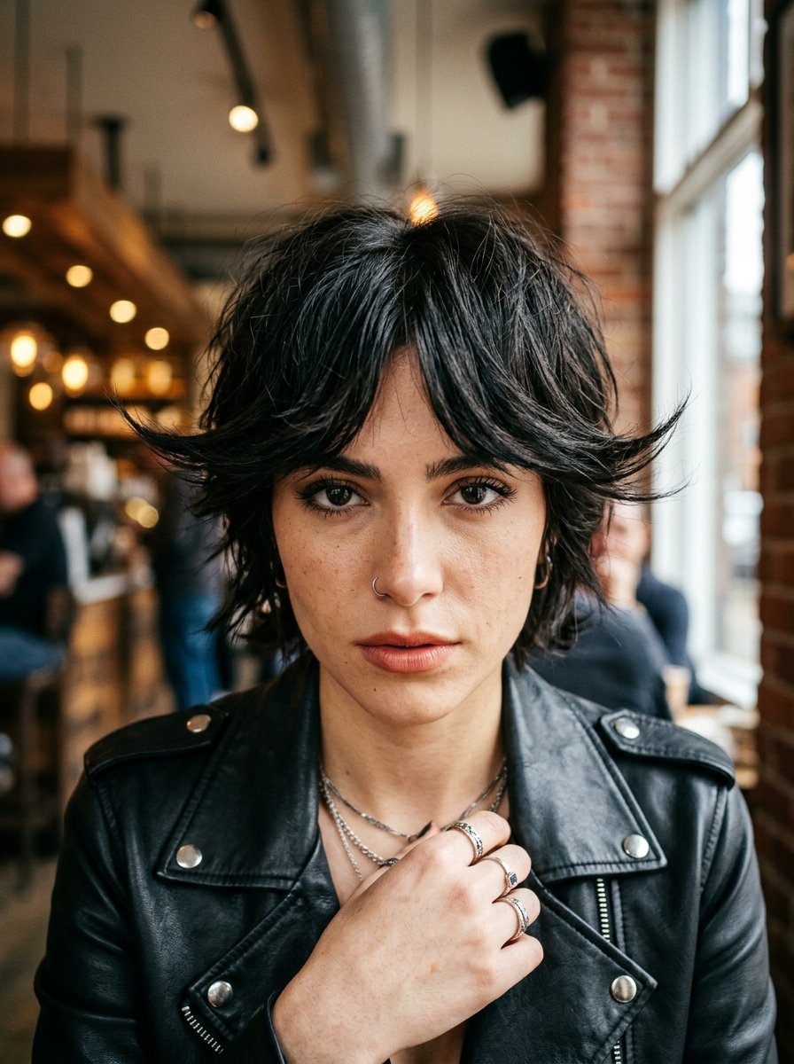 Close-up of a young woman with a nose ring and layered shaggy haircut wearing a black leather jacket.
